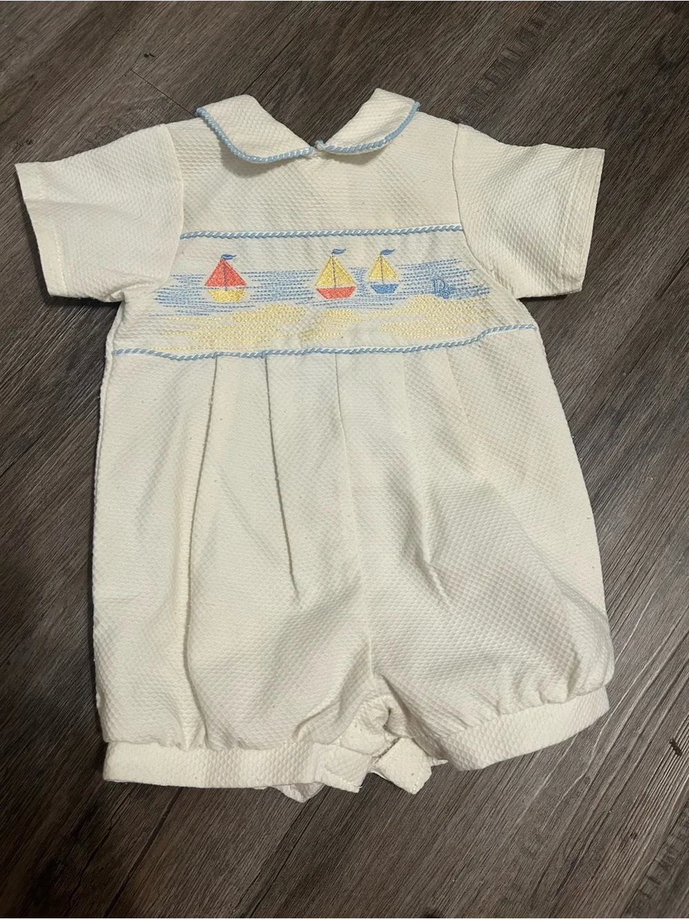 Baby Dior Cream Baby One-Piece Romper with Smocked Sailboats